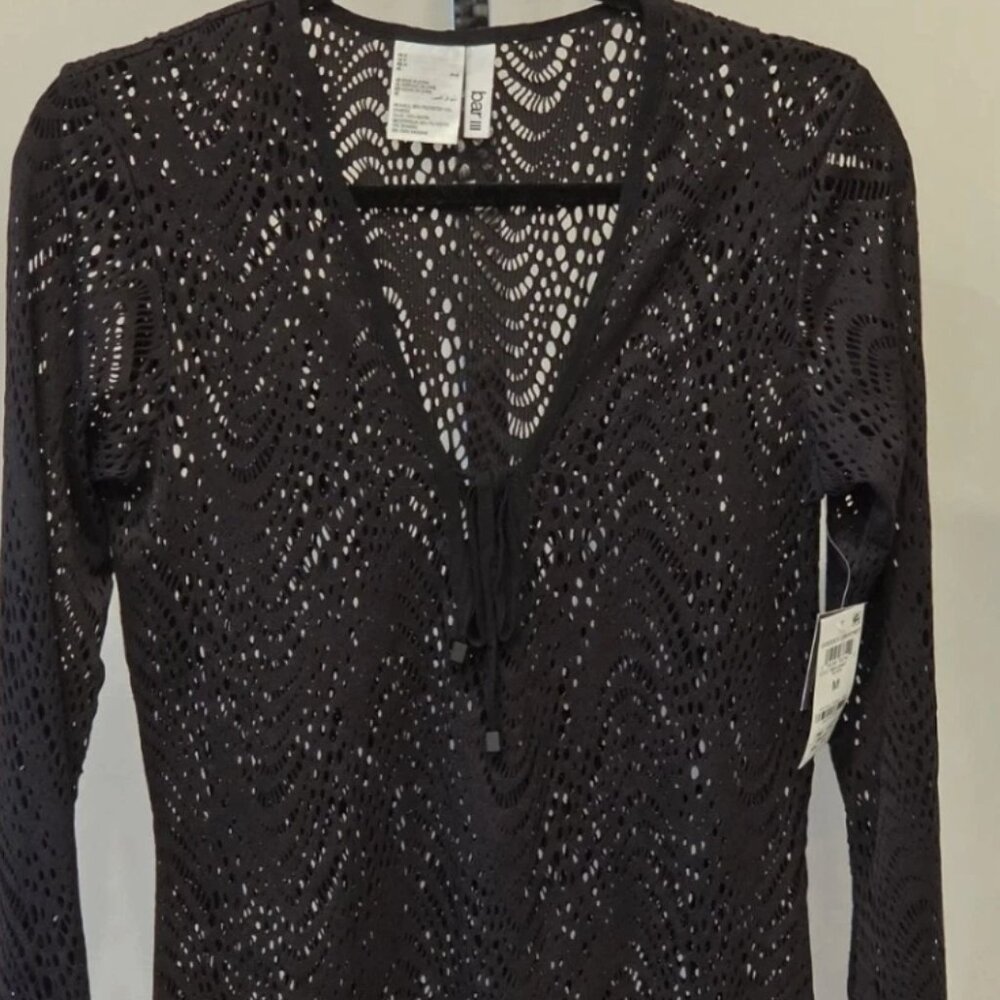 Bar Iii Women's Crochet Plunge-Neck Cover-up Swim Dress Black Size M 22228 - Picture 3 of 3